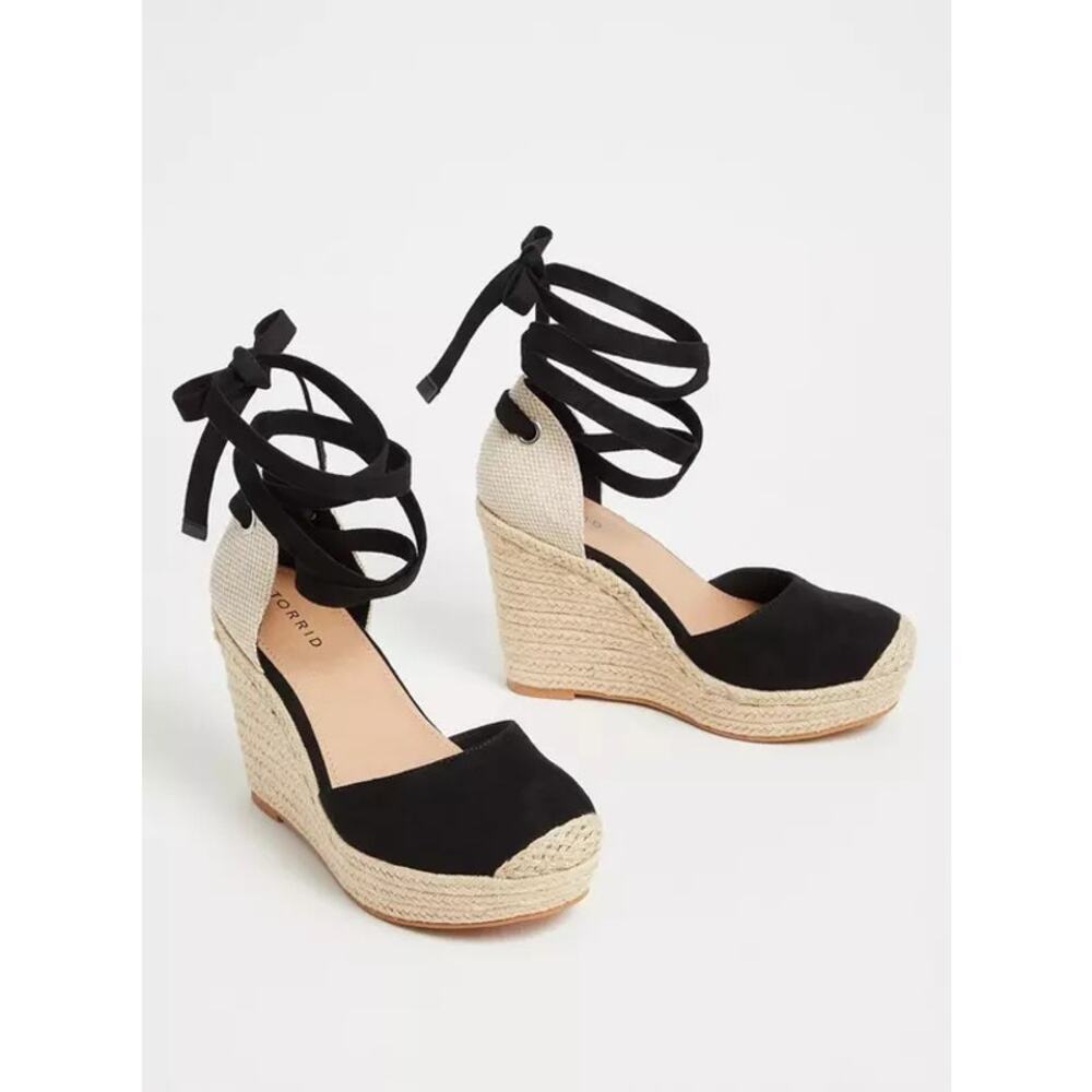 NEW! Torrid Canvas Espadrille Platform Black Wedge Shoes Ankle Strap Size: 8W